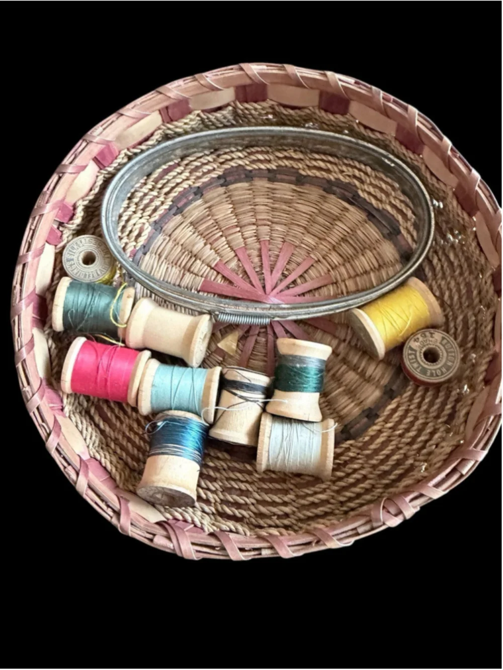 Vintage Woven Sewing Basket w/ Lid Coiled Fiber Thread Spools Cottagecore Decor